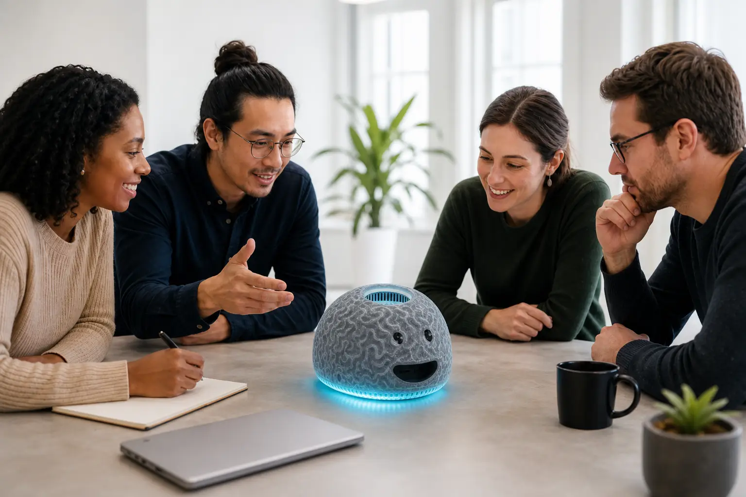 People in a shared room with a theBRAIN unit as group presence