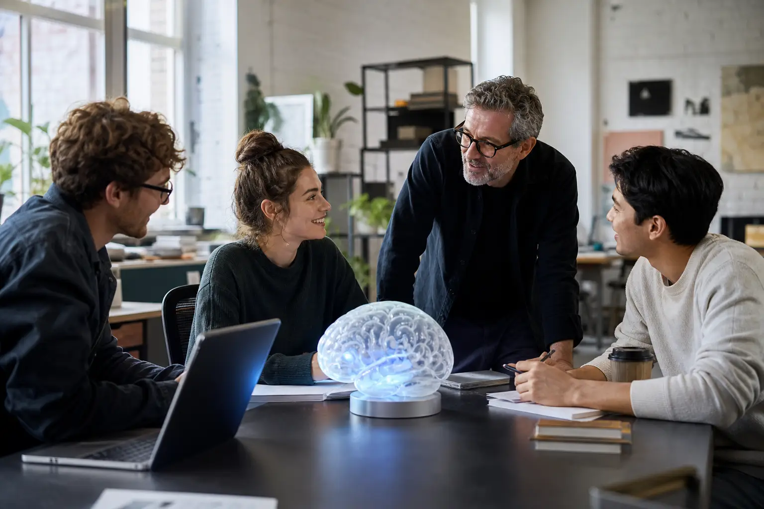 Team collaborating near a shared theBRAIN unit with visible consent posture
