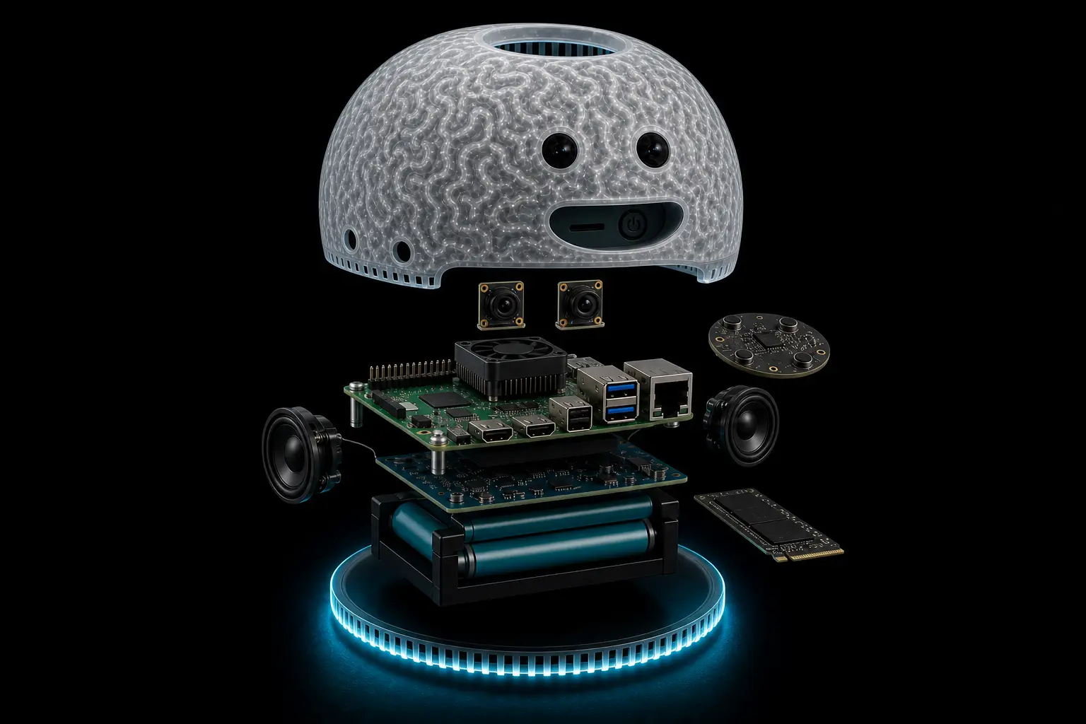 Exploded view of theBRAIN internals with dual cameras and round mic array