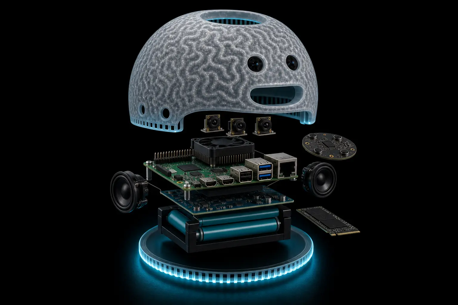 Exploded internals of theBRAIN showing Raspberry Pi stack and UPS